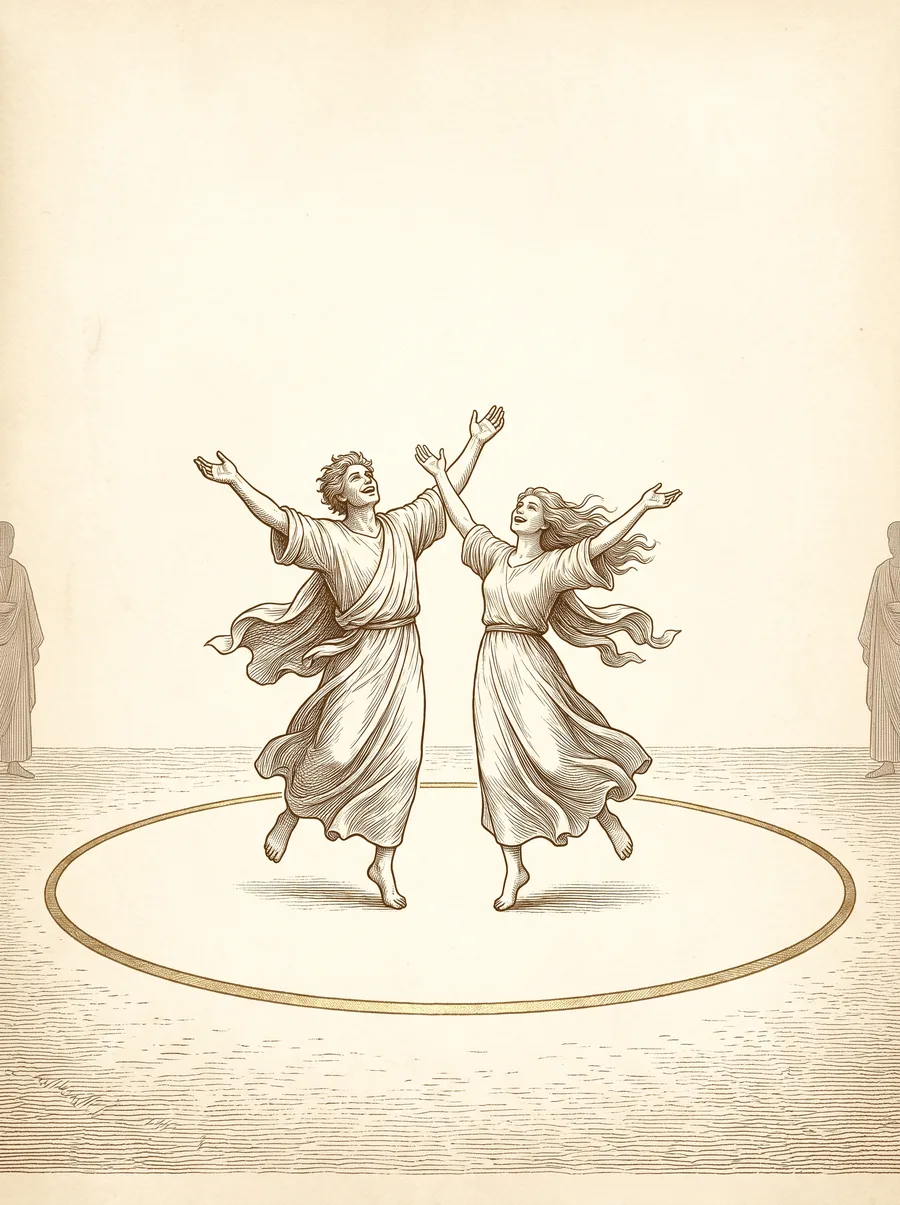 A sepia engraving of a joyful man and woman dancing together inside a golden circle, arms raised in liberty.