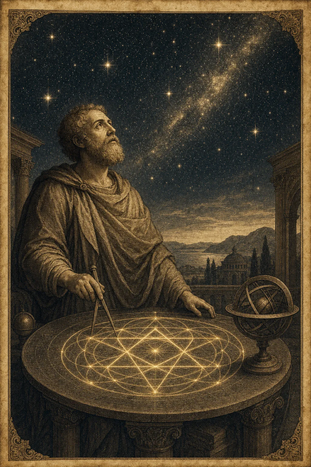 An engraving of a philosopher gazing at the stars beside a glowing geometric diagram, discovering rather than inventing its pattern.