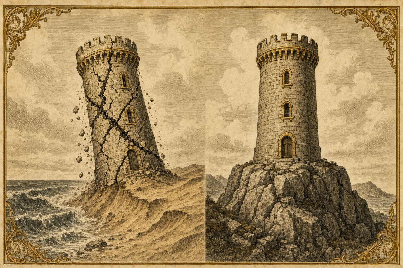 An engraving of two towers: on the left, cracked and sinking into shifting sand; on the right, standing firm on solid rock.