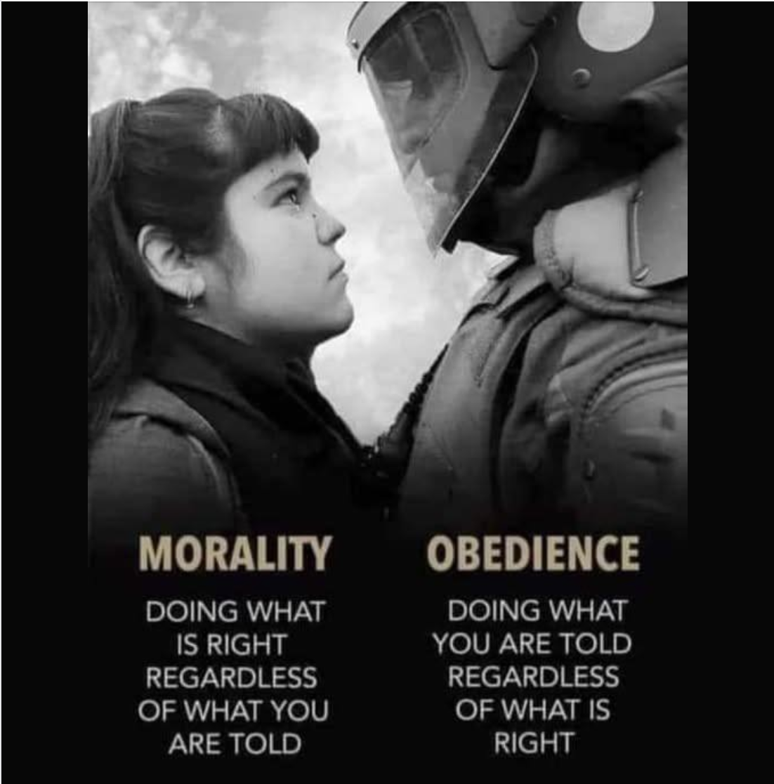 Morality: doing what is right regardless of what you are told. Obedience: doing what you are told regardless of what is right.